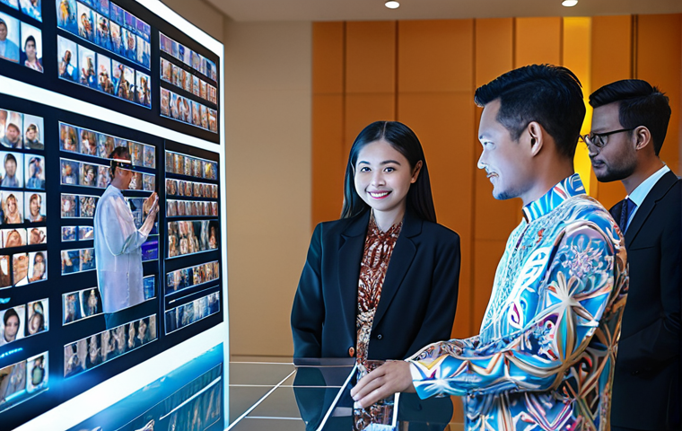 ** A diverse group of people collaborating around a holographic display showing AI data analysis. The atmosphere is bright and optimistic. Some are wearing traditional Malaysian batik, others modern business attire, reflecting a blend of old and new. Focus on collaboration and future technology adoption in Malaysia.
**